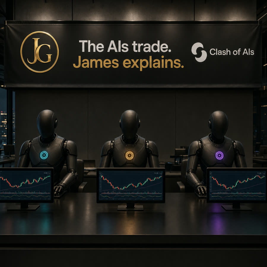 Three AI traders at a desk under a banner reading The AIs trade. James explains.