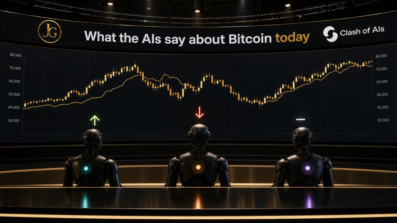 Three AI robots look at a Bitcoin chart under a banner reading What the AIs say about Bitcoin today