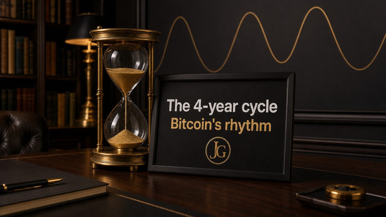 An hourglass next to a placard reading The 4-year cycle, Bitcoin's rhythm