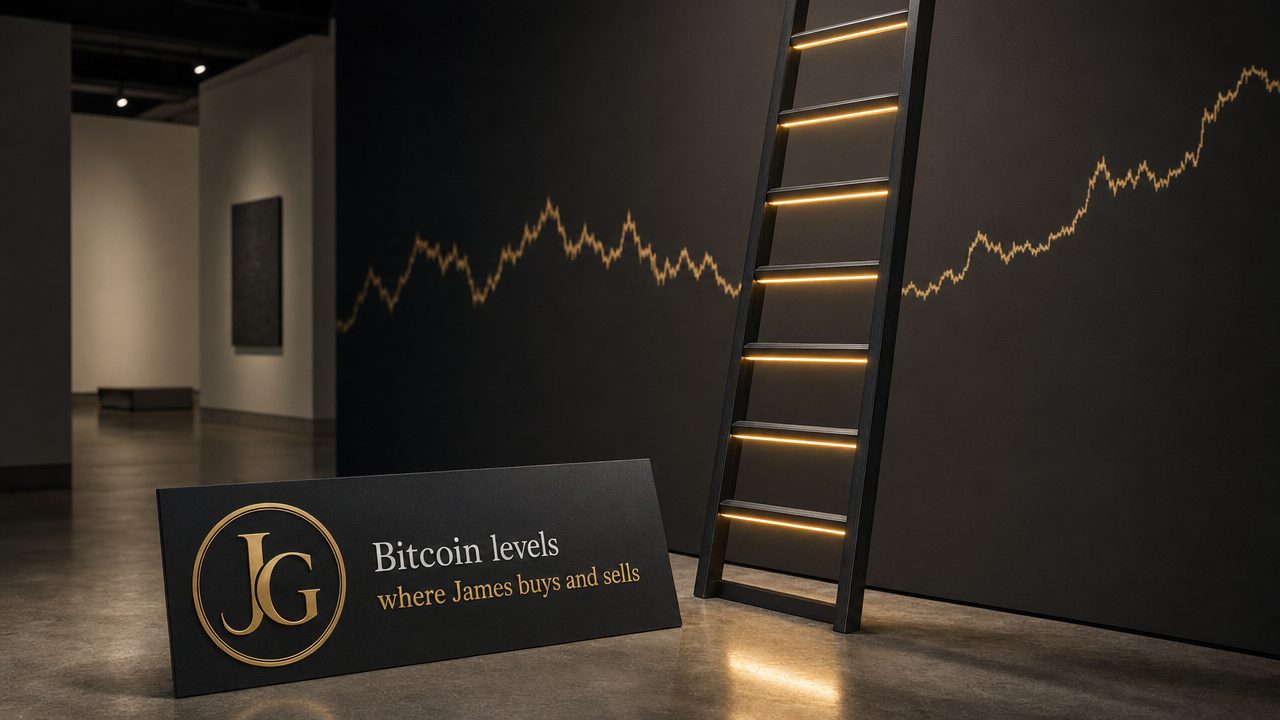 A gold-lit ladder next to a plaque reading Bitcoin levels, where James buys and sells