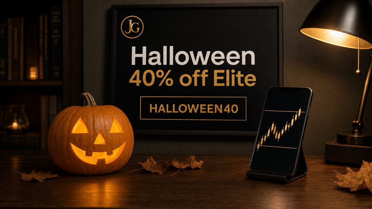 Halloween poster: 40% off Elite with code HALLOWEEN40, next to a carved pumpkin